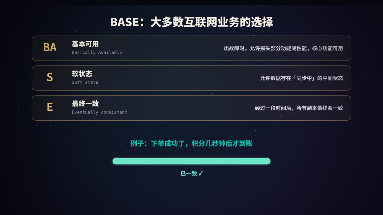 BASE：基本可用、软状态、最终一致