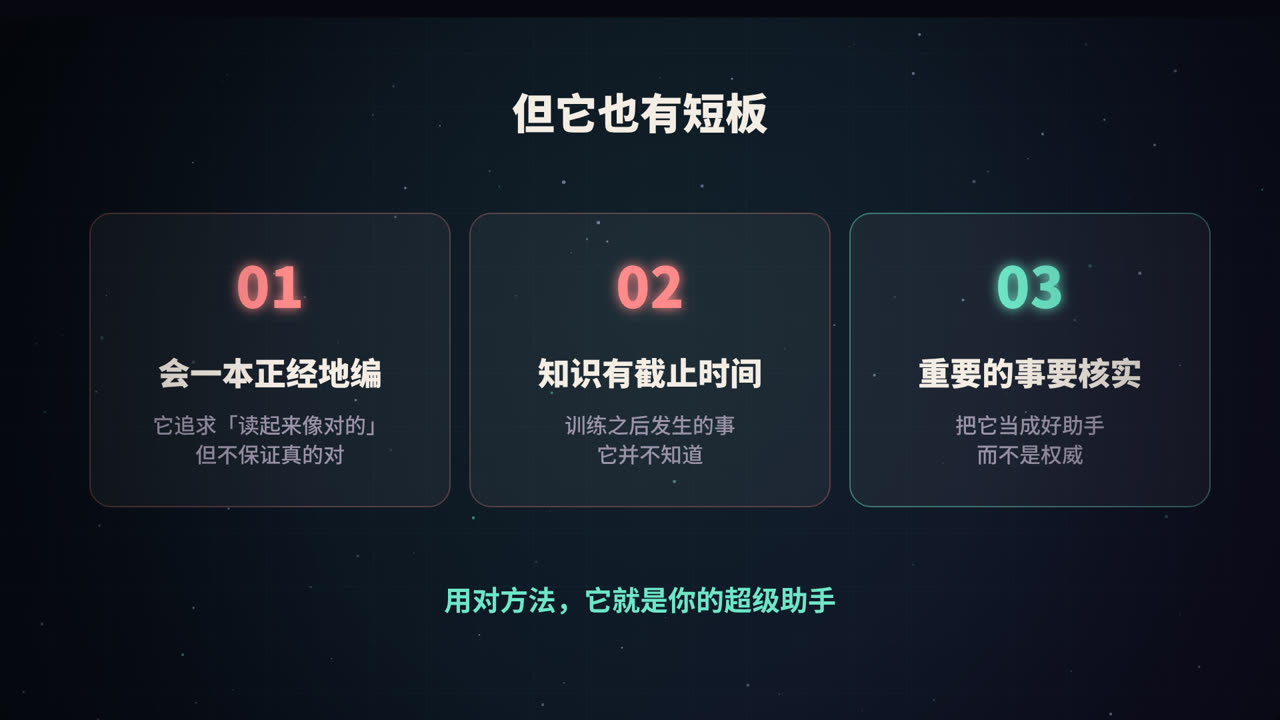 三个短板:会编、知识有截止时间、重要的事要核实