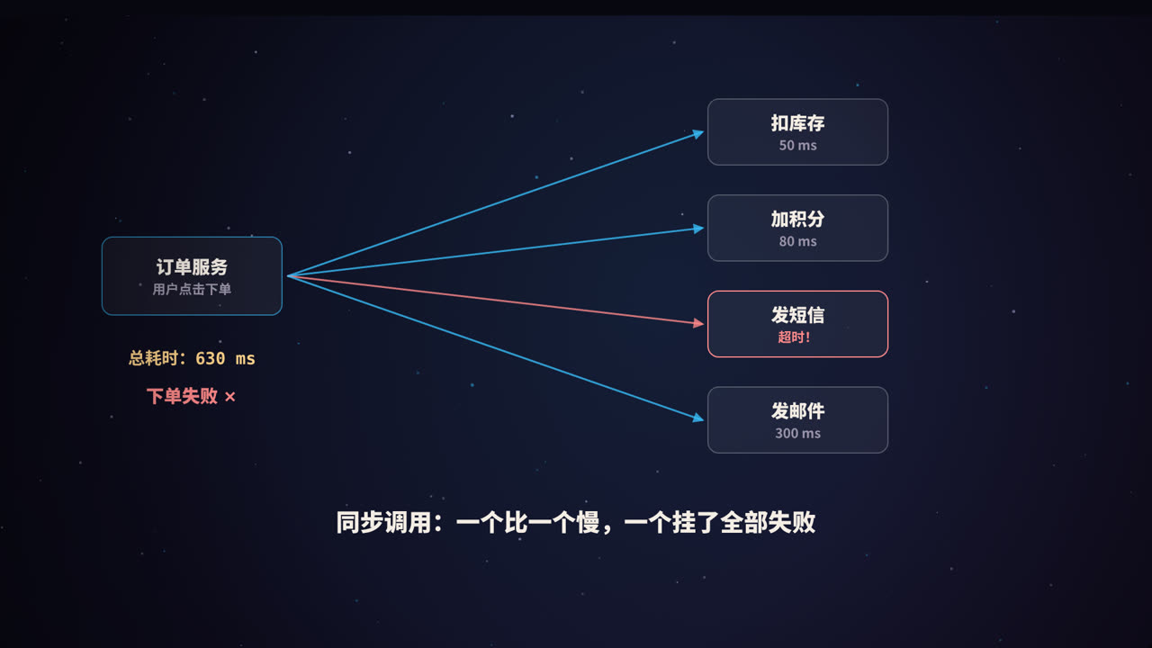 同步调用:一个比一个慢,一个挂了全部失败