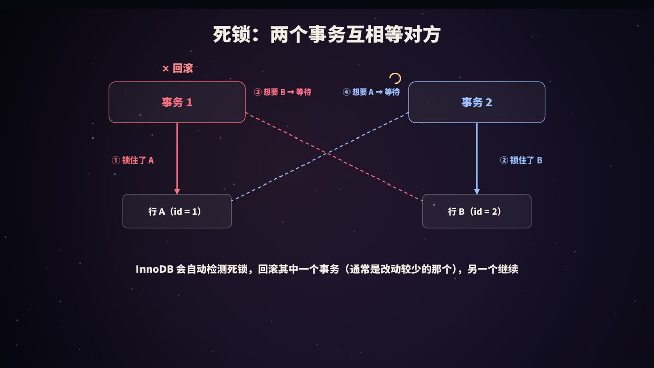 死锁：两个事务互相等待