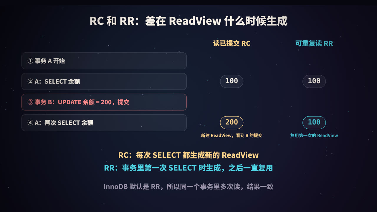 RC 每次读都新建 ReadView，RR 复用第一次的