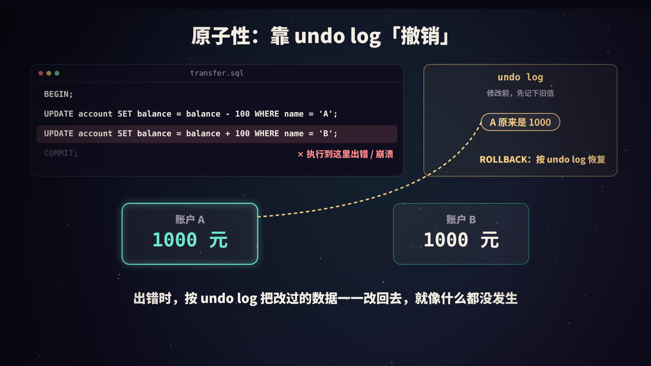 原子性：出错时按 undo log 撤销